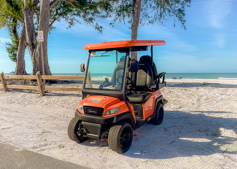 Red 4 & 6-seat Bintelli golf cart rental on Anna Maria Island