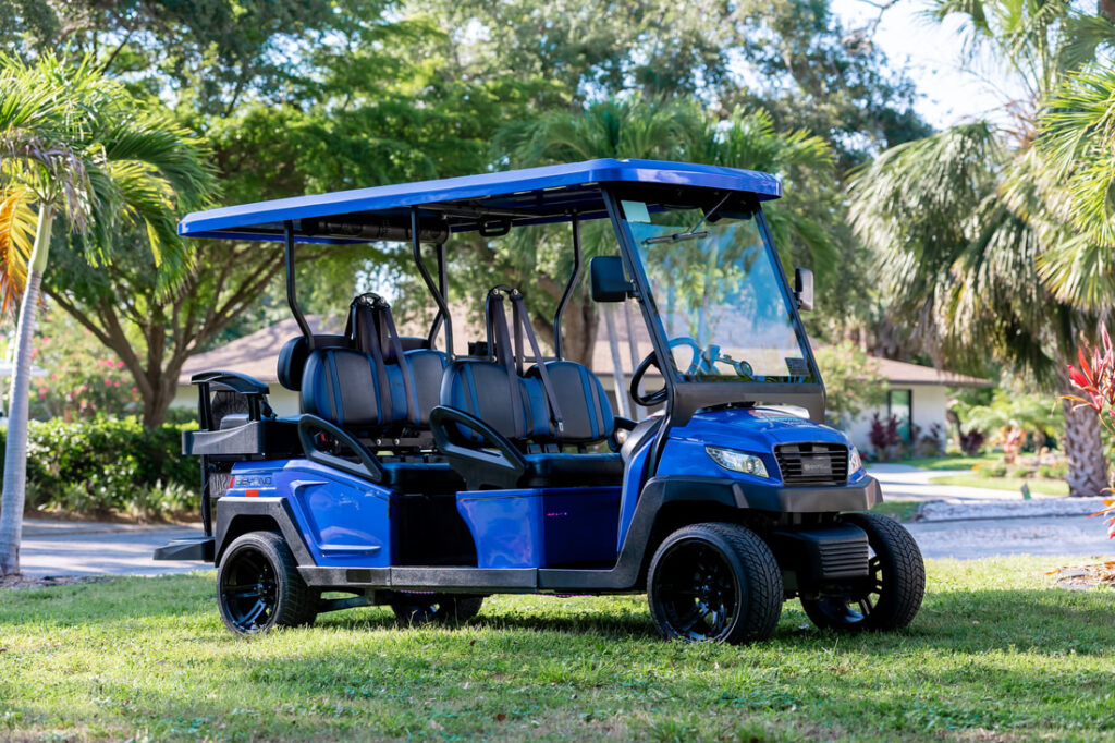 Blue 4 & 6-seat Bintelli golf cart rental on Anna Maria Island