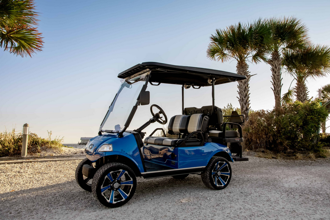 Blue 6-seat Anna Maria Island golf cart rental parked near beach with palm treesPicture