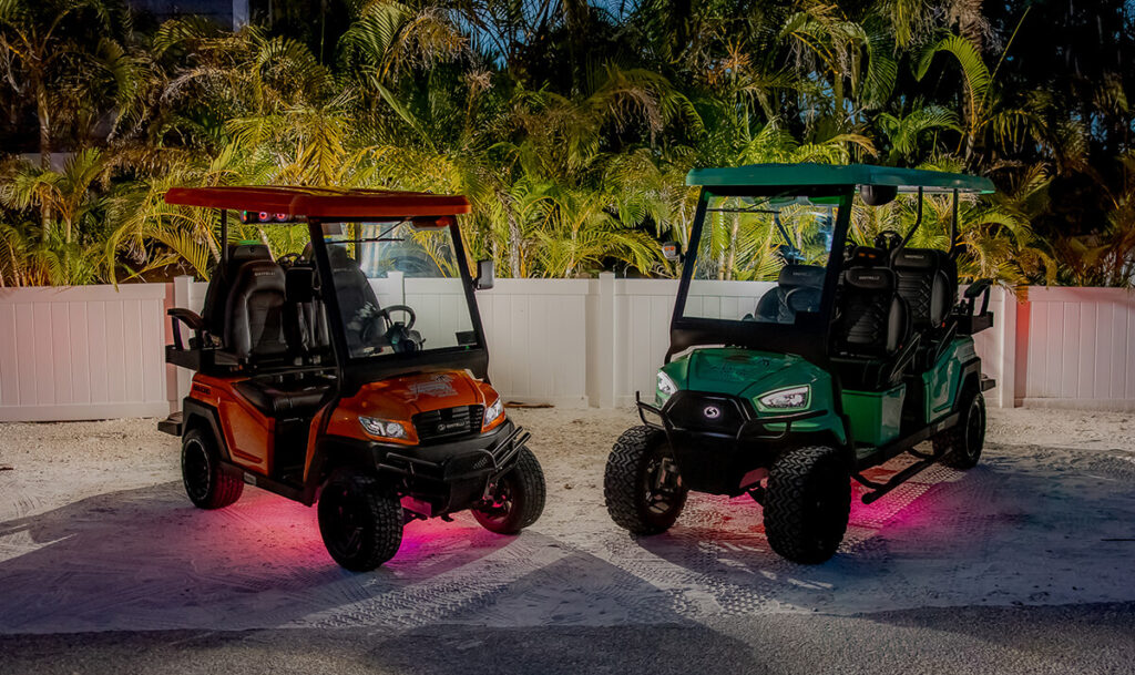 Street-legal electric golf carts in Holmes Beach, available for long-term rentals with free delivery and pickup.