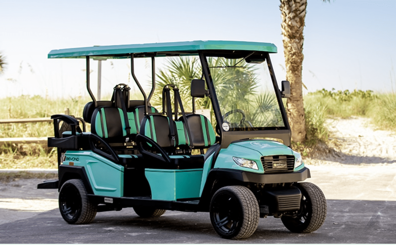 Premium 6-seat golf cart with long-lasting lithium battery parked near palm trees on Anna Maria Island.