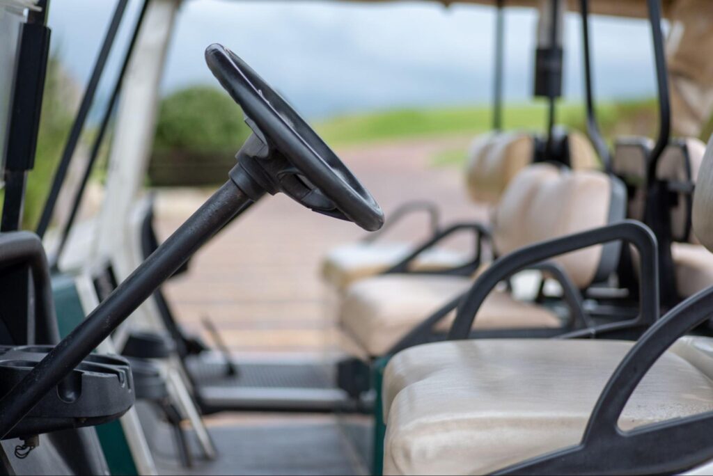 Driver cruising in a golf cart with golden sunlight &mdash; lithium batteries keep you rolling all day on Anna Maria Island