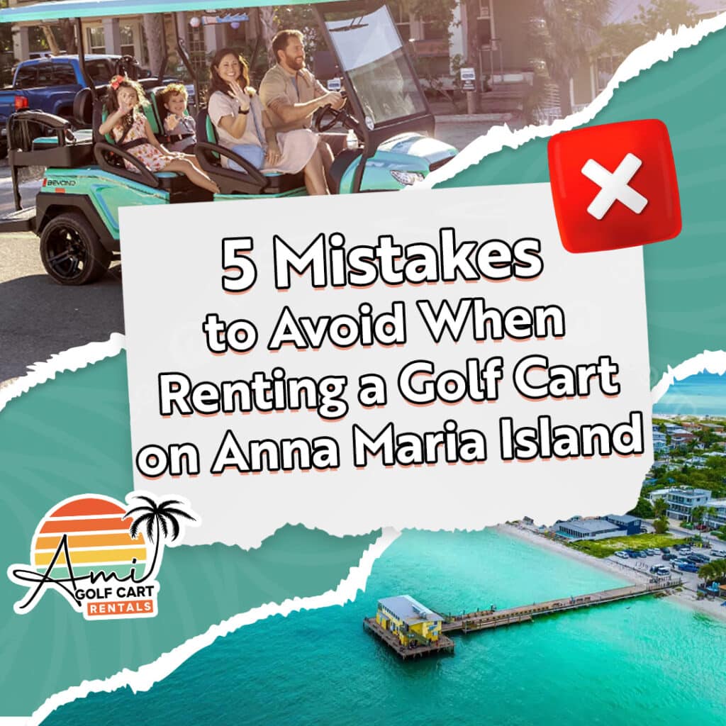 Family enjoying a golf cart rental on Anna Maria Island, promoting AMI Golf Cart Rentals
