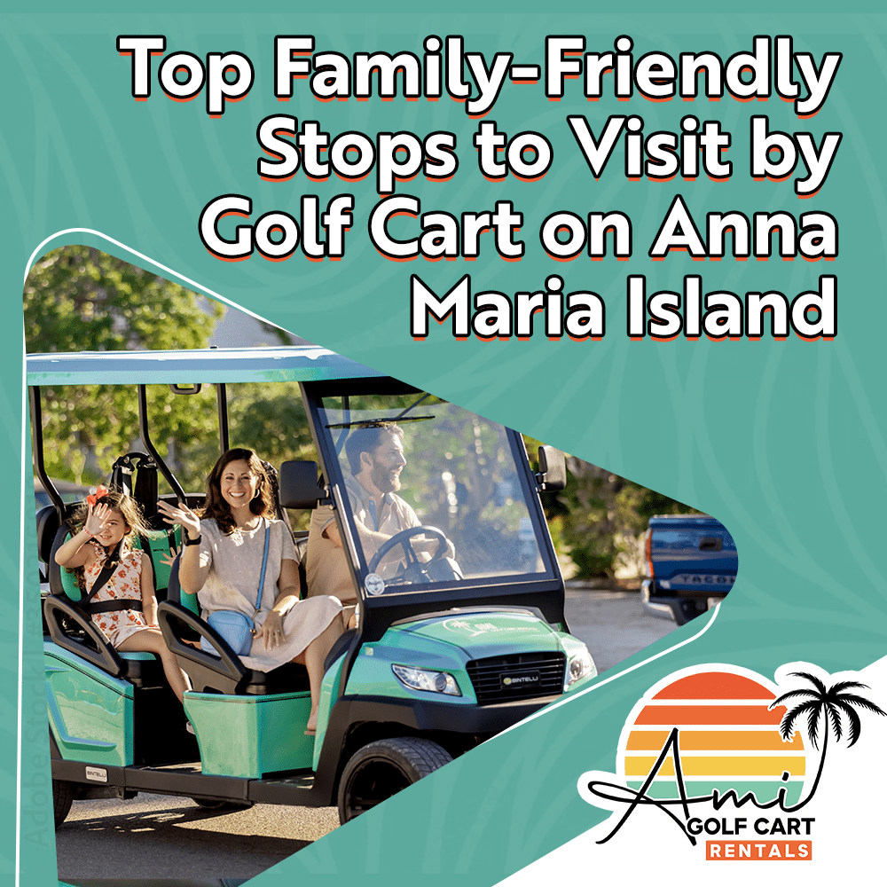 A family of four enjoys a ride in a blue Anna Maria Island golf cart,